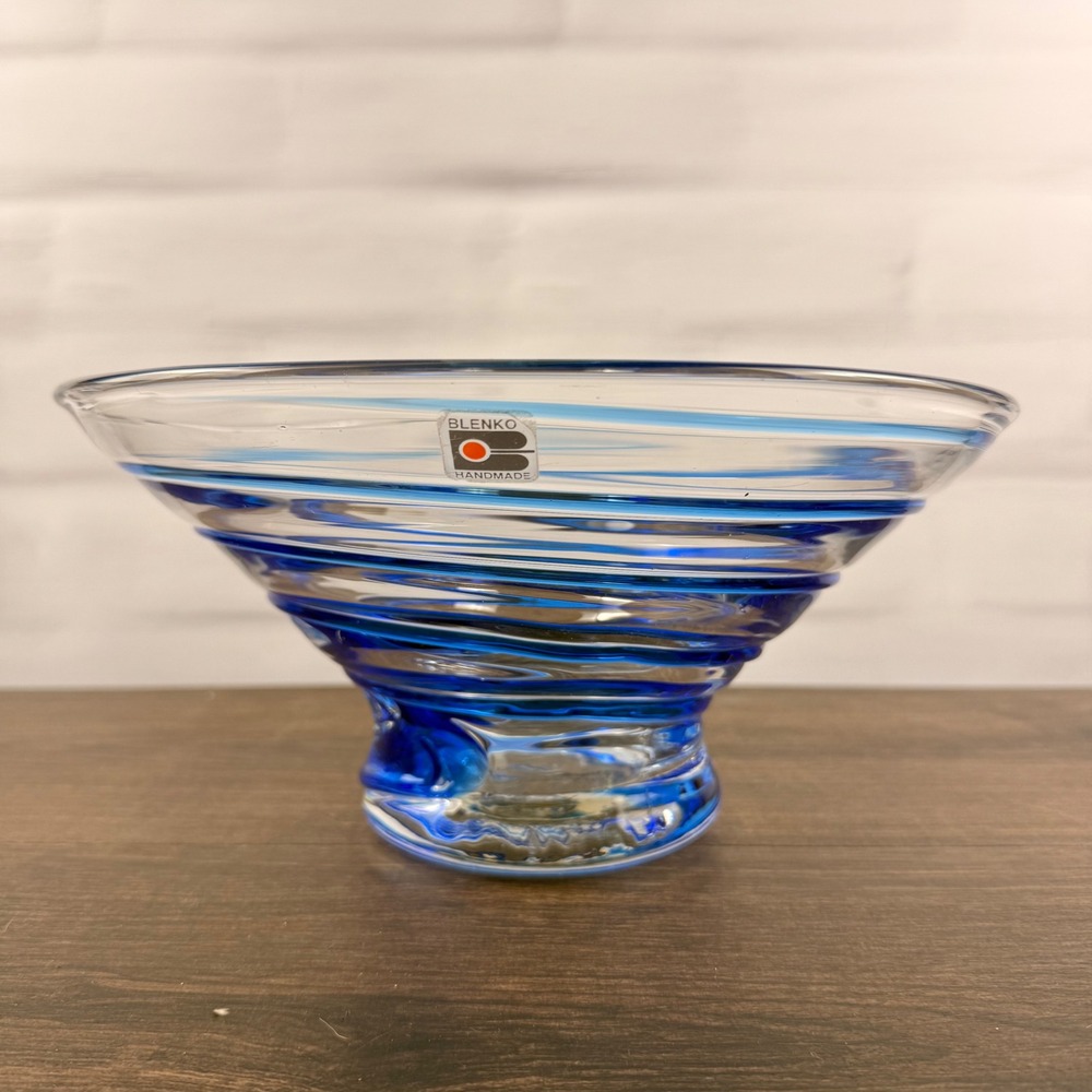 Blenko 8909 Crystal Bowl with Sapphire Blue Spiral Vintage Art Glass